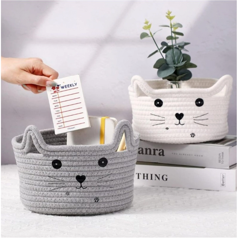 Generic Cotton Small Cat With Face Basket Pack of 1 (Grey) - Image 2